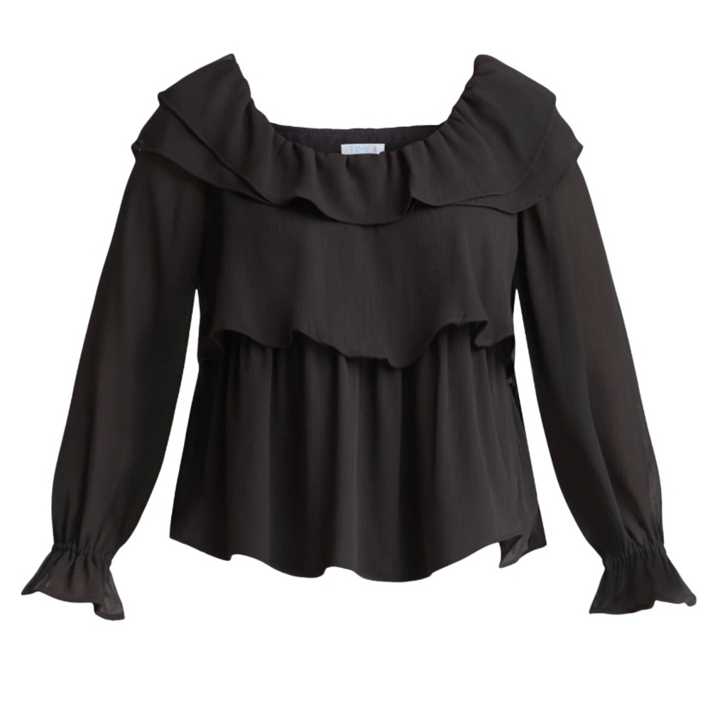 NEW! Time and Tru Black Long Sleeve off-the-shoulder Ruffle Blouse Top NWT - XL - Picture 4 of 16